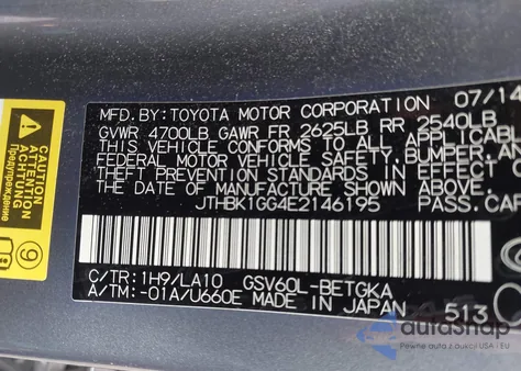 2014 Lexus Es 350 from USA, damaged, VIN JTHBK1GG4E2146195